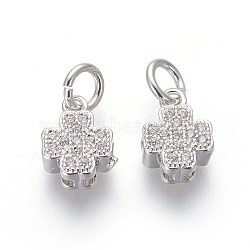 Brass Micro Pave Cubic Zirconia Charms, Lead Free & Cadmium Free, Clear, Clover, Platinum, 9.5x7x3.5mm, Hole: 3mm(ZIRC-J021-11P-RS)