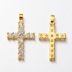 Latin Cross Brass Micro Pave Cubic Zirconia Pendants, Lead Free & Nickel Free, Golden, 23.5x14x2mm, Hole: 3x2mm(ZIRC-L035-09G-FF)