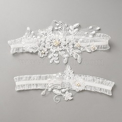 Flower Polyester Garter Leg Ring Sets, Wedding Bridal Garters, with Imitation Pearl, White, 180x75~100x7mm, 2pcs/set(DIY-WH0888-340B)