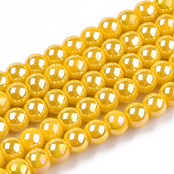 Electroplate Opaque Glass Beads Strands, AB Color Plated, Round, Gold, 4~4.5mm, Hole: 0.8mm, about 97~99pcs/strand, 14.76 inch~14.96 inch(37.5~38cm)(GLAA-T032-P4mm-AB08)