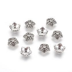 Tibetan Style Bead Caps, Cadmium Free & Lead Free, 5-Petal, Flower, Antique Silver, 10x4mm, Hole: 1mm(TIBEB-A24621-AS-LF)