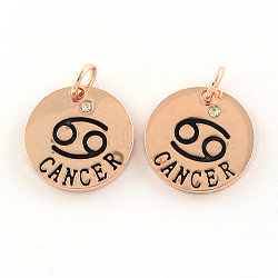 Alloy Pendants, with Rhinestone, Flat Round, with Constellation/Zodiac Sign, Rose Gold, Cancer, 22x2.5mm, Hole: 5.5mm(PALLOY-S083-08RG)