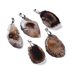 Natural Agate Big Pendants, with Platinum Plated Brass Bails, Nuggets, 38~53x23~32x5.2~6.5mm, Hole: 6x4mm(G-H231-18)