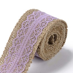 Burlap Ribbon, Hessian Ribbon, Jute Ribbon, with Lace, for Jewelry Making, Lilac, 1-1/2 inch(38mm), about 2m/roll(X-OCOR-S126-03)