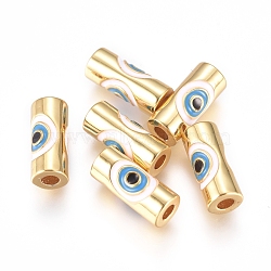 Brass Enamel Beads, Column with Evil Eye, Golden, Colorful, 10x4.5mm, Hole: 1.8mm(X-KK-L189-20G)