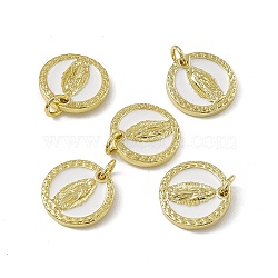 Rack Plating Brass Enamel Charms, with Jump Ring, Real 18K Gold Plated, Long-Lasting Plated, Cadmium Free & Nickel Free & Lead Free, Flat Round with Virgin Mary Charm, White, 13.5x2.5mm, Jump Ring: 5x0.9mm, Inner Diameter: 3.2mm(KK-C007-24G)
