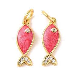 Rack Plating Brass Micro Pave Cubic Zirconia Pendants, with Enamel, Long-Lasting Plated, Fish, with Jump Ring, Real 18K Gold Plated, Crimson, 15.5x5.5x2mm(KK-H486-14G-03)