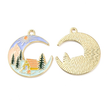 Rack Plating Alloy Enamel Pendants, Cadmium Free & Lead Free & Nickel Free, Golden, Moon with House & Tree Charm, Colorful, 31x27x1mm, Hole: 2.5mm