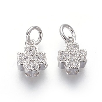 Brass Micro Pave Cubic Zirconia Charms, Lead Free & Cadmium Free, Clear, Clover, Platinum, 9.5x7x3.5mm, Hole: 3mm
