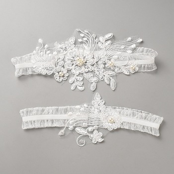 Flower Polyester Garter Leg Ring Sets, Wedding Bridal Garters, with Imitation Pearl, White, 180x75~100x7mm, 2pcs/set