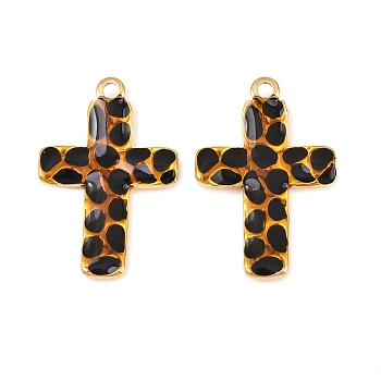 304 Stainless Steel Enamel Pendants, Leopard Print Cross Charms, Golden, 28x18.5x3mm, Hole: 1.6mm