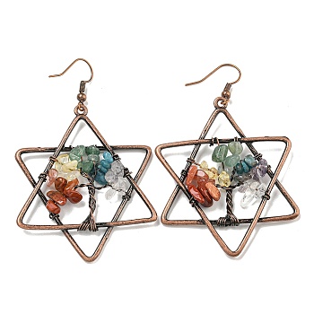 Natural Mixed Stone Dangle Earrings, with Red Copper Rack Plating Brass Earringss, Star, 69x43mm