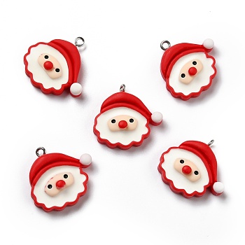Opaque Resin Pendants, with Platinum Tone Iron Loops, Christmas Theme, Santa Claus, Red, 26x25x7.5mm, Hole: 2mm