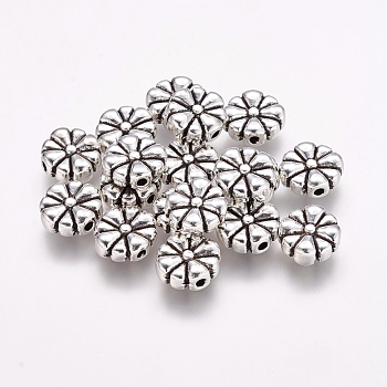 Tibetan Style Alloy Beads, Flower, Lead Free & Cadmium Free, Antique Silver, 10x9x3.5mm, Hole: 1mm