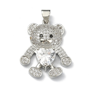 Brass Micro Pave Cubic Zirconia Pendants, Bear Charm, Real Platinum Plated, 27x21.5x5mm, Hole: 3.5mm