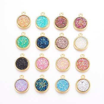 Resin Pendants, with Golden Tone Alloy Findings, Flat Round, Mixed Color, 18x15x3.5~4mm, Hole: 1.8mm