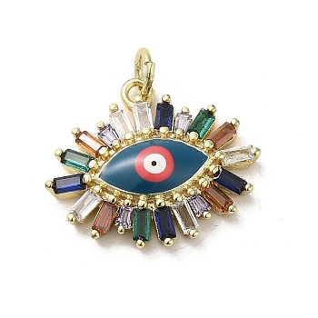 Brass Enamel Pendants, with Glass and Jump Ring, Real 18K Gold Plated, Evil Eye Charm, Teal, 17x20.5x5mm, Hole: 3.5mm