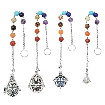 4Pcs 4 Style Chakra Mixed Stone Dowsing Pendulum Pendant Decorations, with Handmade Luminous Lampwork Beads & 304 Stainless Steel & Brass Findings, Lotus Charm, Mixed Dyed and Undyed, 222~247mm, 1pc/style