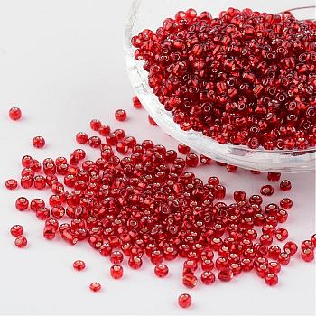 8/0 Glass Seed Beads, Silver Lined Round Hole, Round, Dark Red, 3mm, Hole: 1mm, about 1097pcs/50g