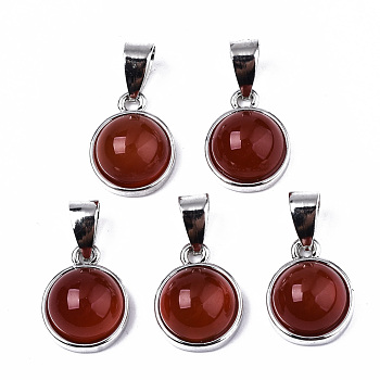 Natural Carnelian Pendants, with Platinum Tone Brass Settings and Platinum Tone Iron Snap on Bails, Half Round/Dome, 15.5x12x6mm, Hole: 5x7mm