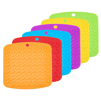 6Pcs 6 Colors Square Silicone Hot Mats for Hot Dishes, Heat Resistant Pot Holder, Heat Insulation Pad Kitchen Tool, Mixed Color, 180x173x4mm, Hole: 12.5mm, 1pc/color