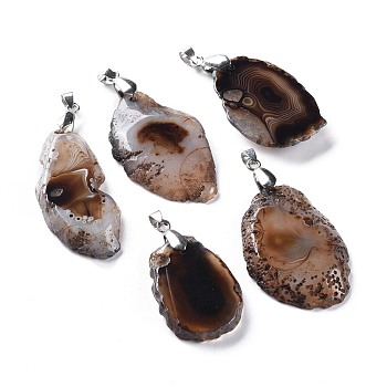 Natural Agate Big Pendants, with Platinum Plated Brass Bails, Nuggets, 38~53x23~32x5.2~6.5mm, Hole: 6x4mm