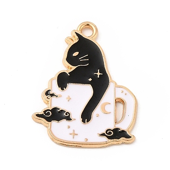 Alloy Enamel Pendant, Light Gold, Cup with Cat Charm, Black, 26x20x1mm, Hole: 1.8mm