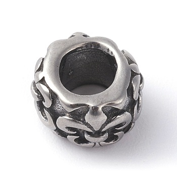 316 Surgical Stainless Steel European Beads, Rondelle with Fleur De Lis, Antique Silver, 9~9.5x6mm, Hole: 4.5mm