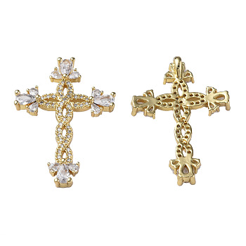 Brass Micro Pave Cubic Zirconia Pendants, Nickel Free, Real 18K Gold Plated, Cross, Clear, 34x23x6mm, Hole: 1.8mm