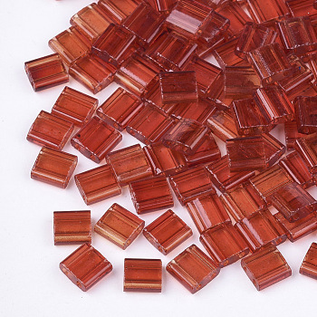 2-Hole Transparent Glass Seed Beads, Dyed, Rectangle, FireBrick, 5x4.5~5.5x2~2.5mm, Hole: 0.5~0.8mm
