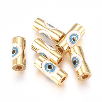 Brass Enamel Beads, Column with Evil Eye, Golden, Colorful, 10x4.5mm, Hole: 1.8mm