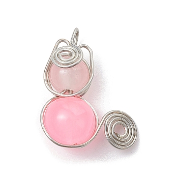 Imitation Jade Glass Bead Pendants, with Platinum Copper Wire Wrapped, Unicorn Charms, Pink, 20x15~16x8~8.5mm, Hole: 2.5mm