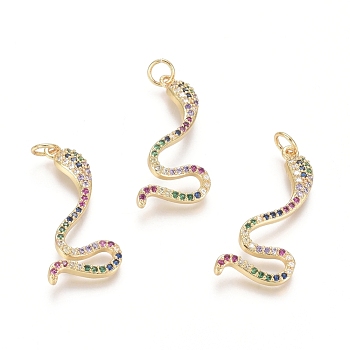 Brass Micro Pave Cubic Zirconia Pendants, with Jump Rings, Snake, Colorful, Golden, 27.5x12.5x2.5mm, Hole: 3.5mm