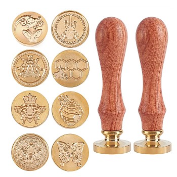 CRASPIRE DIY Stamp Making Kits, Including Brass Wax Seal Stamp Head, Pear Wood Handle, Golden, Brass Wax Seal Stamp Head: 8pcs