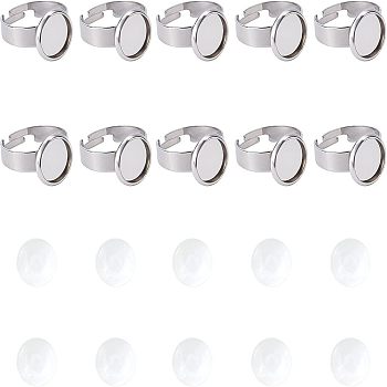 Unicraftale DIY Finger Rings Making Kits, Including Adjustable 304 Stainless Steel Finger Rings Components and Transparent Half Round Glass Cabochons, Stainless Steel Color, Finger Rings Components: Tray: 10mm, Size 7, 17mm, 24pcs/box