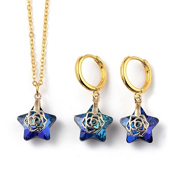 Electroplate Star Glass Jewelry Sets, Brass Cable Chains Pendant Necklaces & Hoop Earrings, with Brass Ice Pick Pinch Bails and Huggie Hoop Earring Findings, Medium Orchid, 18.31 inch(46.5cm), 31.5mm, Pin: 1mm