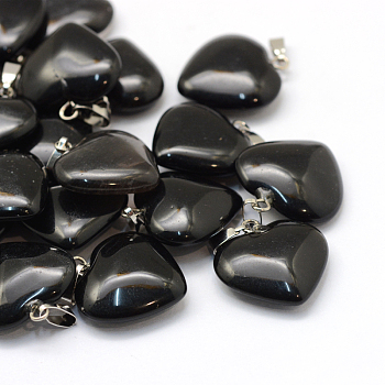 Heart Natural Black Stone Pendants, with Platinum Tone Brass Findings, 20~22x20~21x5~8mm, Hole: 2x7mm