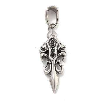 316 Surgical Stainless Steel Pendants, with Rhinestone, Sword Charm, Antique Silver, 32.5x13x4.5mm, Hole: 4.5x8.5mm