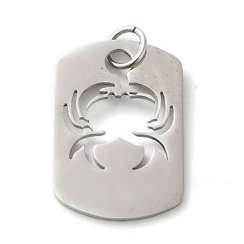 Hollow 304 Stainless Steel Pendants, with Jump Ring, Stainless Steel Color, Rectangle Charm, Crab, 31.5x21.5x1.4mm, Hole: 5.5mm