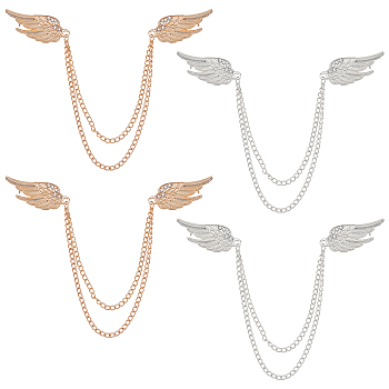 4Pcs 2 Colors Double Wing with Hanging Chain Alloy Suit Collar Brooch, Clear Glass Lapel Pin for Women, Platinum & Light Gold, 223x3mm, 2pcs/color