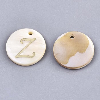 Natural Freshwater Shell Pendants, with Golden Plated Brass Etched Metal Embellishments, Flat Round with Letter, Letter.Z, 15x2mm, Hole: 1.2mm