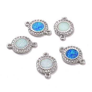 Brass Micro Pave Cubic Zirconia Links, with Synthetic Opal, Flat Round, Platinum, 14.5x10x2mm, Hole: 1mm