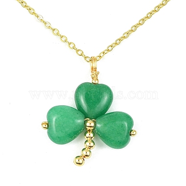 Saint Patrick's Day Clover Natural Malaysia Jade Pendant Necklace with 304 Stainless Steel Chains(X-NJEW-JN04417)-2