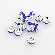 Brass Grade A Rhinestone Spacer Beads, Silver Color Plated, Nickel Free, Sapphire, 5x2.5mm, Hole: 1mm(RSB035NF-15)