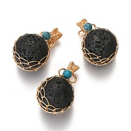 Natural Lava Rock & Turquoise Pendants, with Golden Brass Findings, Round, 26.5~28x17~17.5x16.5mm, Hole: 3~5X2.5~3.5mm(G-B001-02G-K)