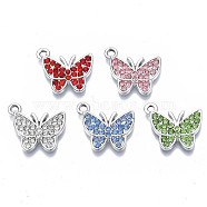 Alloy Pendants, with Rhinestone, Cadmium Free & Nickel Free & Lead Free, Butterfly, Platinum, Mixed Color, 15x17x2.5mm, Hole: 1.6mm(PALLOY-N170-012-P-NR)