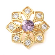 Brass Micro Pave Clear Cubic Zirconia Fold Over Clasps, Flower, Purple, Real 18K Gold Plated, 20.5x8.5mm(KK-G505-08G)