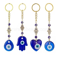 Heart/Hamsa Hand/Teardrop/Flat Round with Evil Eye Lampwork Pendant Keychain, with Alloy Rhinestone Links Connectors and Iron Findings, for Woman Bag Car Key Decoration, Golden, 13.5~15.2cm(KEYC-JKC00439)