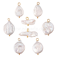 8Pcs 4 Styles Baroque Natural Keshi Pearl Pendants, Flat Round & Teardrop & Rectangle Charms, with Golden Tone Metal Loops, Seashell Color, 13~29mm, Hole: 2.5~3mm, 2pcs/style(PALLOY-AB00030)