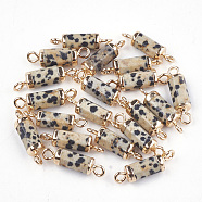 Electroplate Natural Dalmatian Jasper Links connectors, with Iron Findings, Column, Golden, 20~21x5~6x5~6mm, Hole: 1.8mm(G-S344-01D)